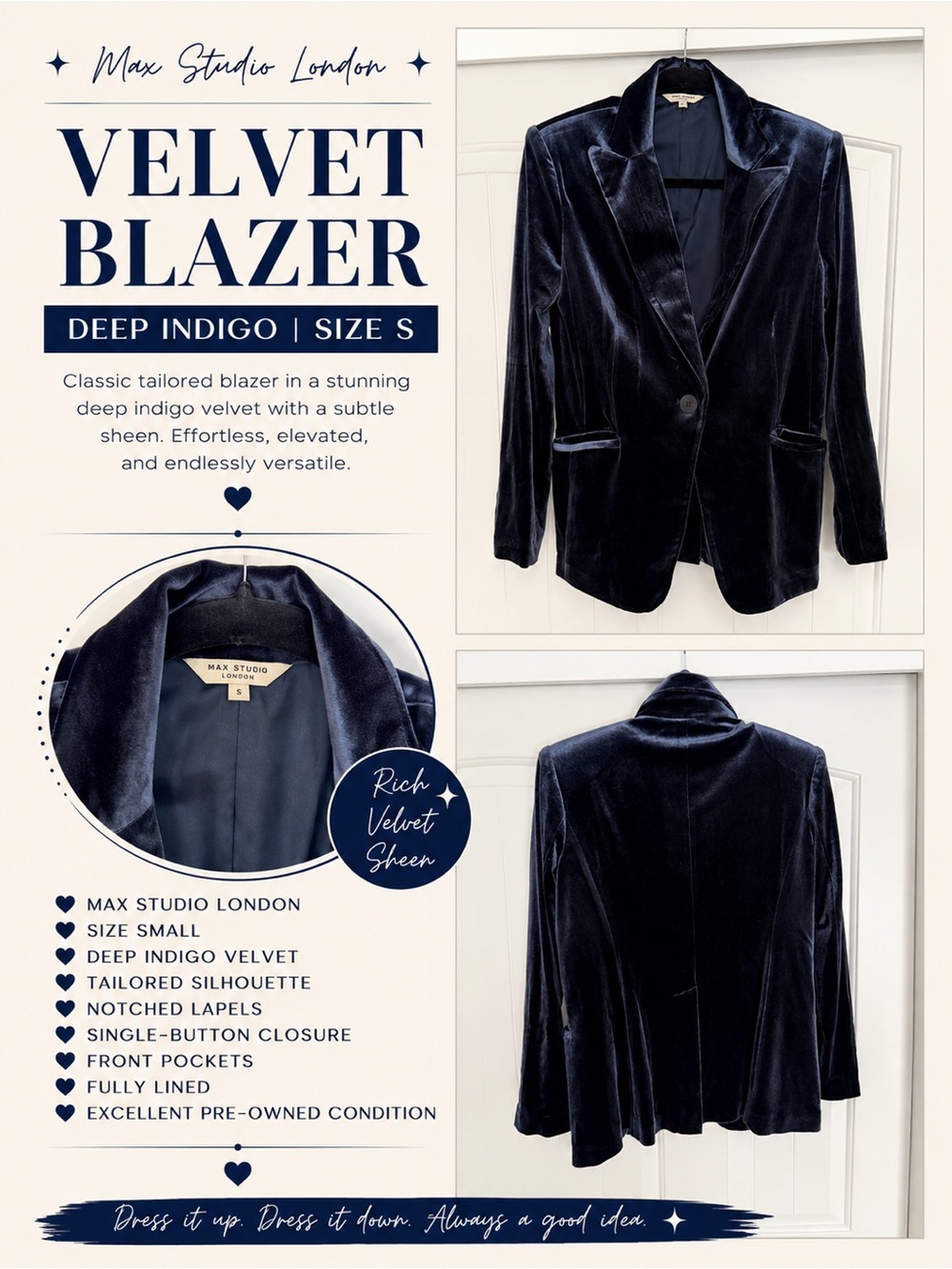 Max Studio Deep Indigo Velvet Blazer | Size S